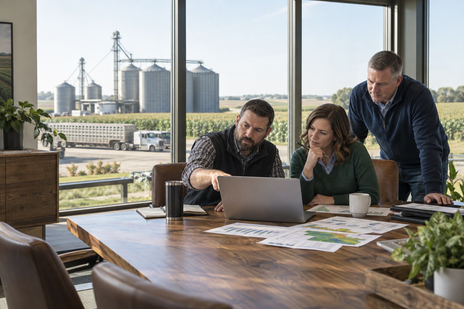 Agricultural business advisors collaborating in an agribusiness office overlooking cornfields and grain facilities